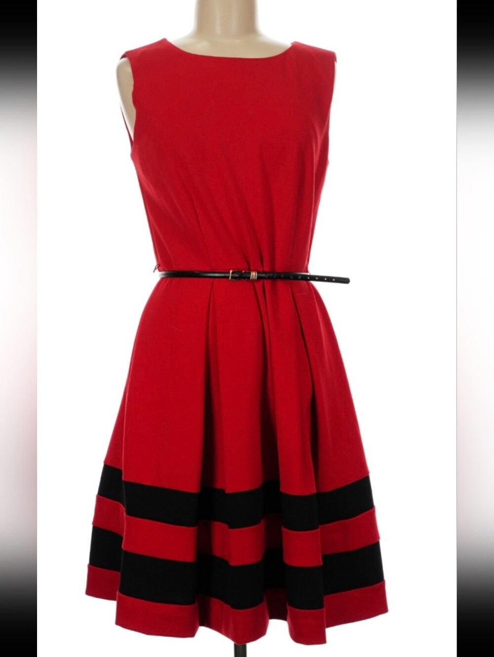 Calvin Klein Red Fit & Flare Dress Black Stripe Hem Belted NWOT Size 8
